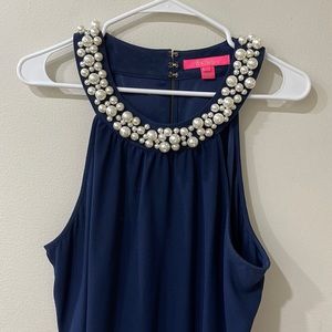 Lilly Pulitzer Navy blue gown with pearl beads around high neck